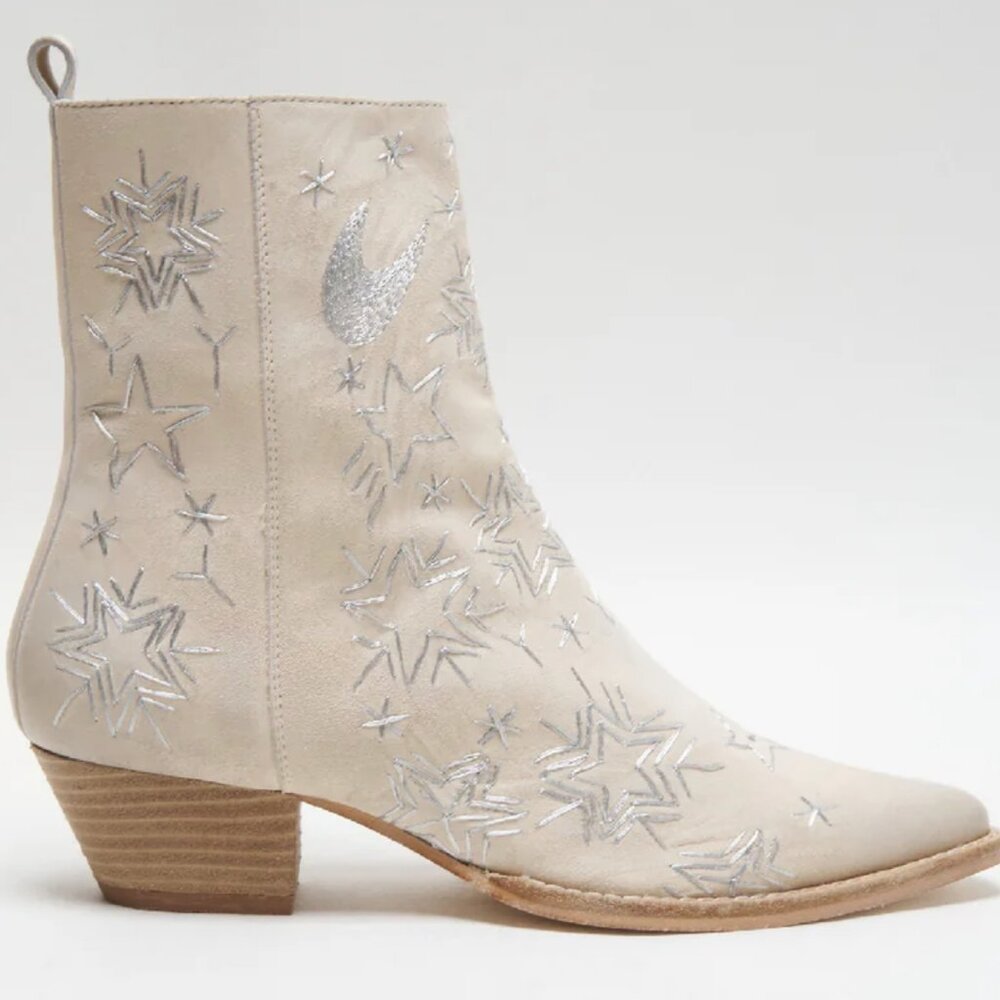 Free People Cream Suede Ankle Boots with Silver Star Embroidery